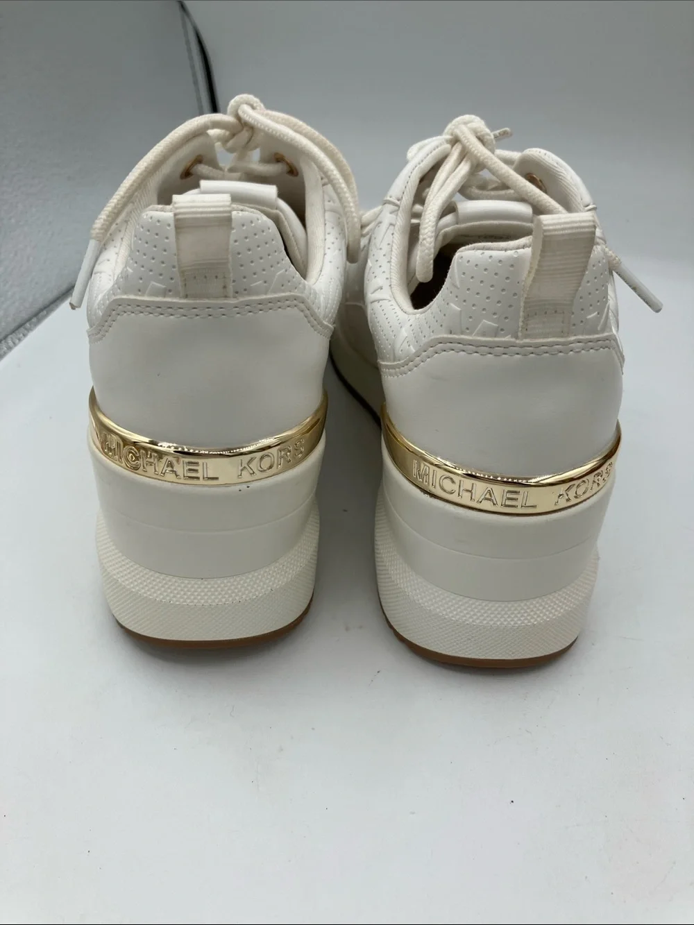 Michael Kors Cream Logo Wedge Sneakers with Gold Accents